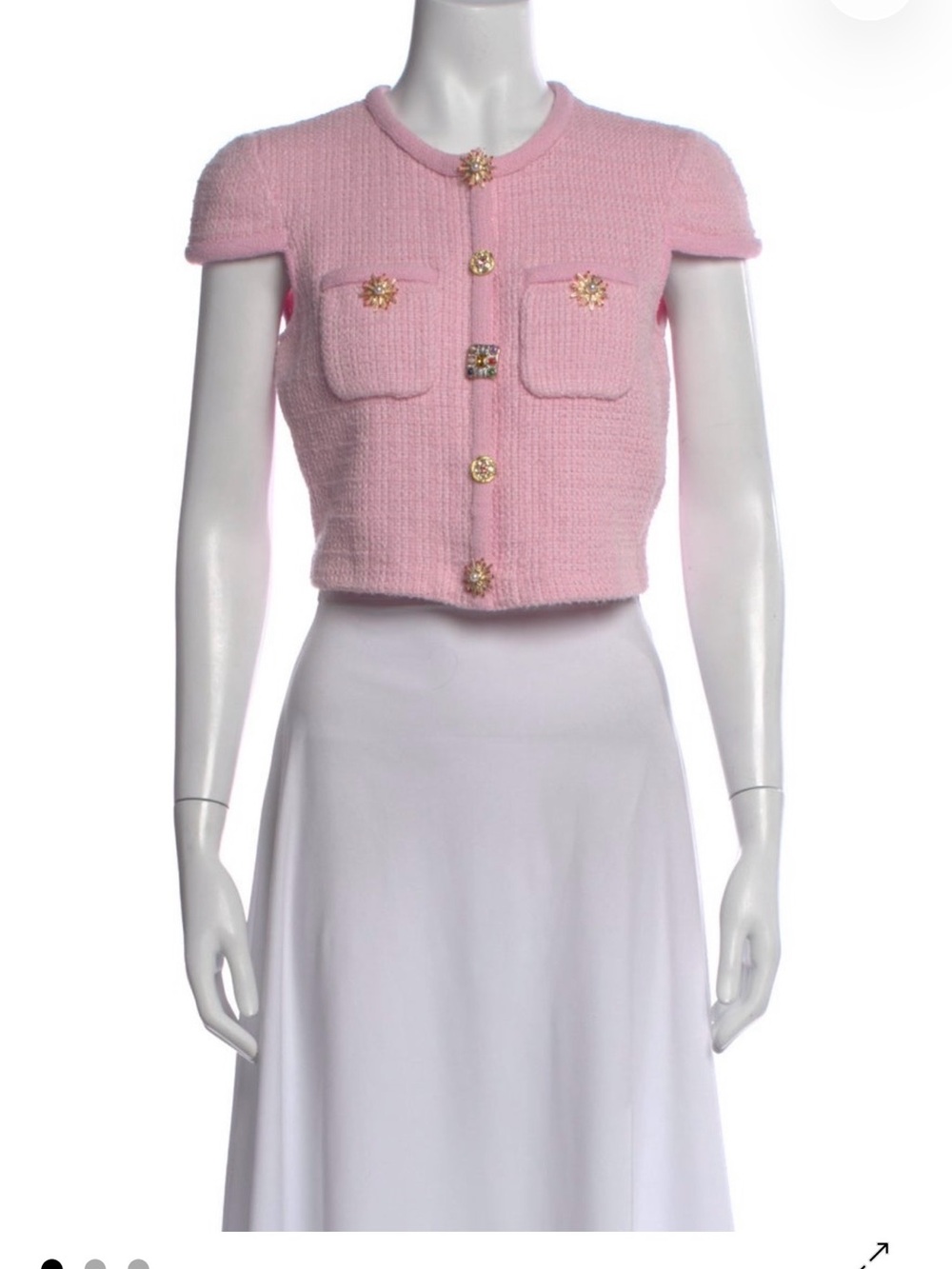 Self-Portrait Pink Tweed Cropped Short-Sleeve Jacket with Gold Buttons